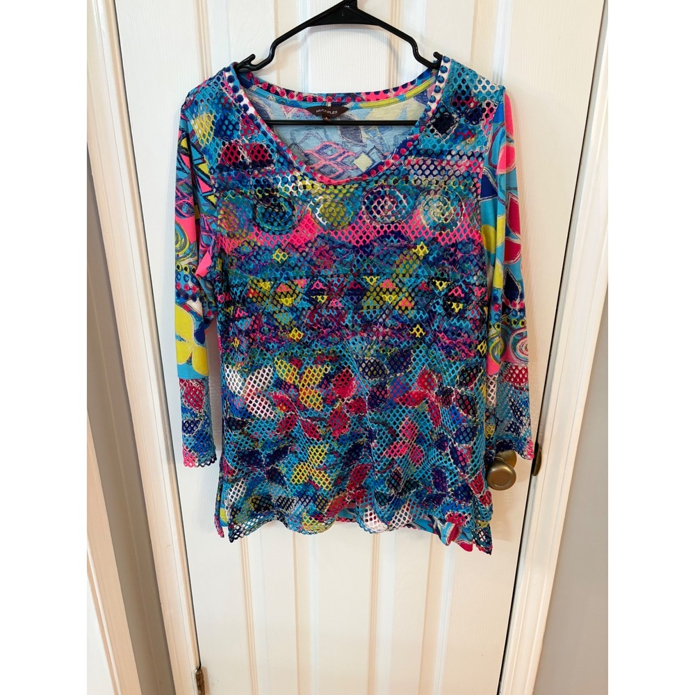 Multiples Mesh Overlay Top Womens Small Multicolor V-Neck Long Sleeve Scalloped